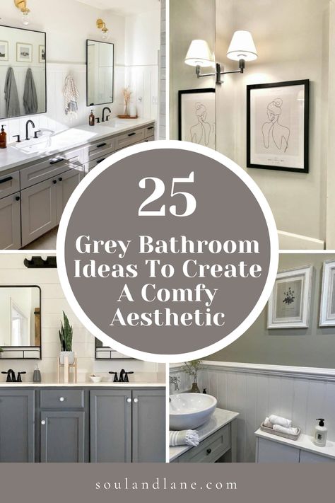 Opt for soft, light grey walls to create a serene backdrop, complemented by darker grey tiles for a touch of depth and sophistication. Incorporate textured accessories like plush towels and a chic shower curtain to add warmth. For a cohesive look, select brushed nickel or matte black fixtures that stand out against the grey palette. This approach ensures your bathroom is not just a functional space but a stylish sanctuary, perfect for unwinding after a long day, offering a blend of comfort and t Grey Bathroom With Blue Accents, Gray Color Schemes Bathroom, Modern Small Bathroom Design Ideas Grey, Bathroom Decor For Grey Bathroom, Gray Tile Bathroom Decor Ideas, Bathroom Tile Ideas Grey White, Grey Tile Bathroom With Wallpaper, Grey Shower Curtain Bathroom Decor, Grey Modern Farmhouse Bathroom