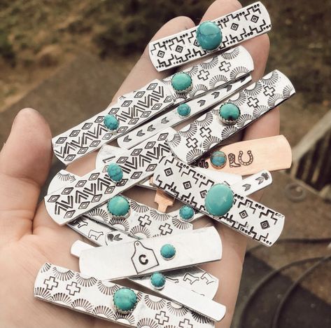 Traditional Stamped Turquoise Jewelry, Stamped Bracelet Western, Western Metal Stamped Jewelry, Cowhide Diy, Turquoise Western Stamped Cuff Bracelet, Punchy Jewelry, Turquoise Stamped Western Cuff Bracelet, Country Couture, Metal Stamping Diy