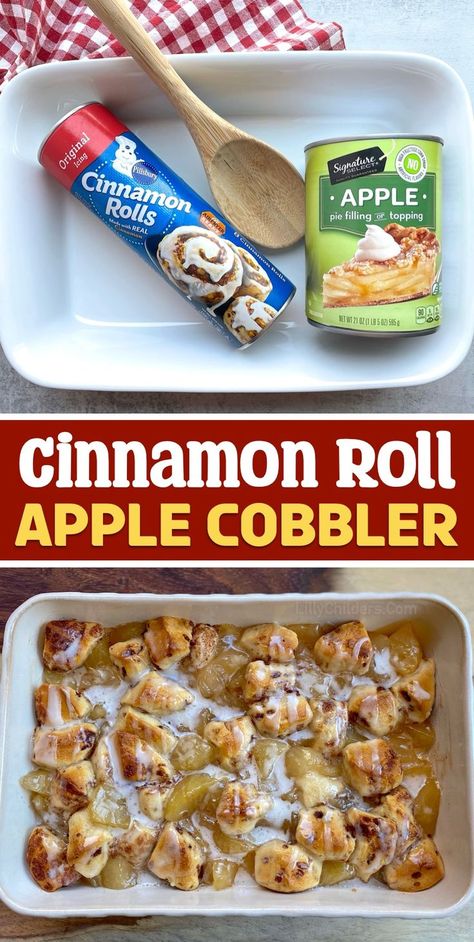 You won't believe how easy this delicious treat is to make with just two store bought ingredients! A tube of cinnamon rolls and a can of apple pie filling. Cut the cinnamon rolls up into bite size pieces and mix it with the apples. Bake in the oven and drizzle with the icing! Serve warm with vanilla ice cream or whipped cream for a yummy dessert or even sweet breakfast. This lovely dessert is great for the holidays! As soon as the cool months of fall roll around, I can't wait to make it! Cinnamon Roll Apple Cobbler, Apple Cobbler Easy, Cinnamon Roll Desserts, Cobbler Easy, Cinnamon Roll Bake, Apple Cinnamon Rolls, Easy Dessert Recipes Quick, Pie Filling Recipes, Apple Recipes Easy