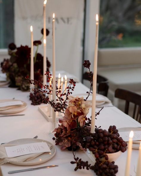 Wedding Wine Color Scheme, Wedding Fall Table Setting, Athena Calderone Tablescape, Cheesecloth Table Runner With Candles, Fall Candelabra Centerpiece, Red And Purple Table Decorations, Fall Table Floral Arrangements, Plum Table Setting, Beige Burgundy Wedding