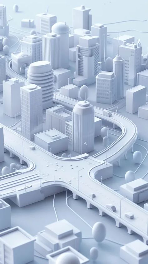 The image is a 3D rendering of a city. The city is made up of white buildings and roads ->> more details in ai-img-gen.com City Structure, White Architecture, City From Top View, 3d City, Low Poly City, Building Rendering, 3d Building, Model City, Architecture Mapping