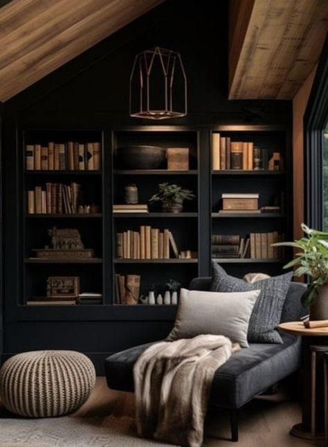 Dark And Moody Home Library, Daybed In Library, Dark And Moody Library Room, Moody Record Room, Moody Library Bedroom, Moody Home Library Office, Moody Cottagecore Living Room, Moody Reading Rooms, Farmhouse Library Room