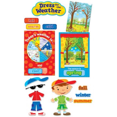 Dress for the Weather Bulletin Board Set, CTP1640 Weather Bulletin Board, Poetry Bulletin Board, Dress For The Weather, Colorful Bulletin Boards, Camping Theme Classroom, Weather Theme, Creative Teaching Press, Todays Weather, Bulletin Board Sets