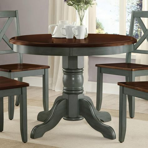 Better Homes & Gardens Cambridge Place Dining Table, Blue & Mocha Finish - Walmart.com Spray Paint Kitchen Table, White Table Top Dark Base, Table Renovation Ideas, Old Kitchen Table Makeover, Refinish Oak Table, Table Benches Dining, Painting Dining Room Table, Refurbished Dining Table, Diy Dining Table Makeover