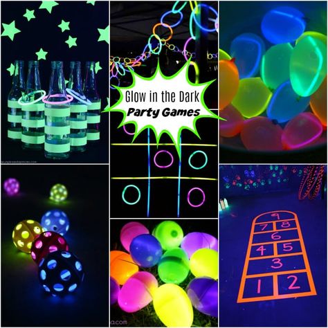 The BEST glow in the dark party games - easy and budget friendly DIY ideas Glow Games, Glow Stick Party, Glow In Dark Party, Neon Birthday Party, Glow In The Dark Party, Glow Birthday Party, Diy Glow, Glow Birthday, Blacklight Party