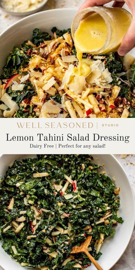 This smooth, creamy Lemon Tahini Dressing is not only fantastic on falafel and salads, but also drizzled over roasted vegetables, fish, chicken, and more. Be sure to use a high quality tahini for best flavor and results! GF, DF, Vegan #wellseasonedstudio #lemontahini #tahinidressing #saladdressing Roasted Vegetables And Chickpea Bowl With Maple Dijon Tahini Dressing, Recipes With Tahini, Jar Lunches, Tahini Salad, Tahini Salad Dressing, Tahini Dressing Recipe, Best Salad Dressing, Easy Salad Dressing Recipes, Roasted Root Veggies