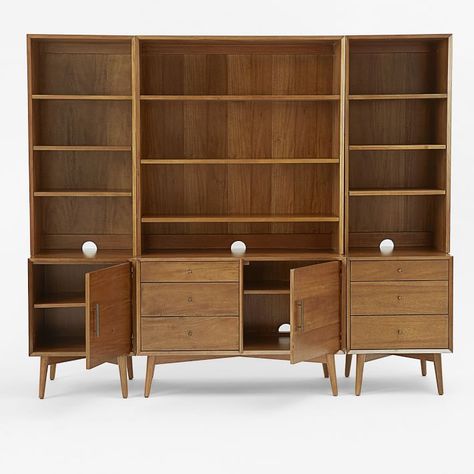 Build Your Own - Mid-Century Media - Acorn, Entertainment Center | West Elm Mid Century Office Ideas, Mid Century House Interior, Modern Bookcase Wall, Cozy Mid Century Modern Living Room, Mid Century Modern Eclectic, Mid Century Modern Bookshelf, Family Room Storage, Mid Century Wall Unit, Mid Century Modern Bookcase