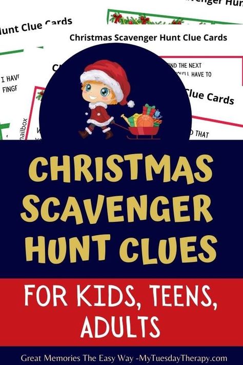 Christmas scavenger hunt clues for finding gifts! Easy and difficult clues for kids, tweens, teens, even adults. Christmas game printable. Christmas Scavenger Hunt Ideas, Christmas Scavenger Hunt Clues, Candy Cane Scavenger Hunt, Teen Scavenger Hunt, Scavenger Hunt Riddles, Christmas Riddles, Scavenger Hunt Ideas, Best Christmas Books, Adult Scavenger Hunt