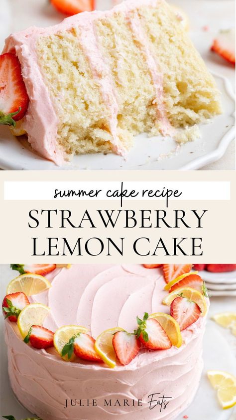 When it comes to finding a delicious dessert idea for Mothers Day, this fresh fruit layer cake with strawberry buttercream and moist lemon cake is a great option. Follow for more homemade cake recipes and baking ideas. Desserts Fresh Strawberries, Cake For Strawberries, Strawberry On Cake Decoration, Strawberry Cake With Strawberry Frosting, Classic Cake Flavors, Cakes To Bake At Home, Lemon And Berry Cake, Pink Layered Cake, Gluten Cake Recipes