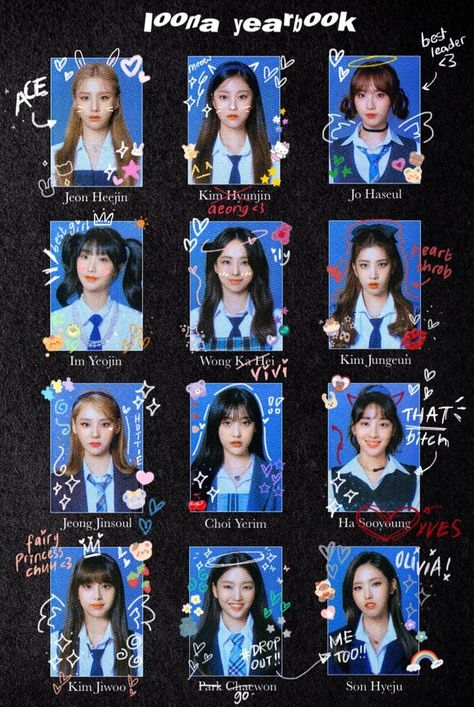 K Pop Yearbook, Cute Yearbook Ideas, Best Yearbook Themes, Loona Yearbook, Loona Id Photo, Y2k Yearbook Theme, Instagram Introduction Post Ideas, Aesthetic Yearbook Photos, Korean Yearbook Photo