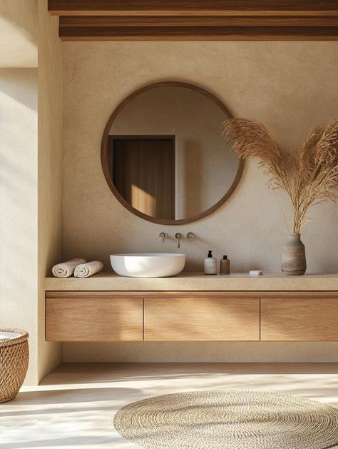 Natural Japandi Bathroom Sink and Lighting Ideas Japandi Interior Bathroom, Neutral Warm Bathroom, Bathroom Japandi Style, Japandi Powder Room, Open Bathroom Bedroom, Earthy Modern Bathroom, Bali Bathroom Ideas, Natural Minimalist Home, Japandi Bathroom Ideas