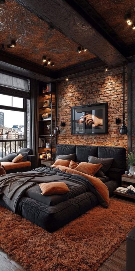 Industrial Style Interior Design Bedroom, Industrial Loft Bedroom Ideas, Bachelor Home Decor Ideas, Masculine Cozy Bedroom, Male Bedroom Ideas Bachelor Pads, Man Bedroom Design, Men’s Room, Mens Apartment Ideas, Bachelor Home Decor