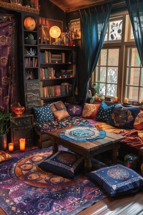 29 Earthy Boho Witchy Bedroom Themes Witchy Corner Decor, Tarot Reading Room Ideas, Witchy Office Space, Witchy Decor Aesthetic, Witchy Office Aesthetic, Boho Reading Corner, Tarot Space, Witchy Corner, Boho Witchy Bedroom