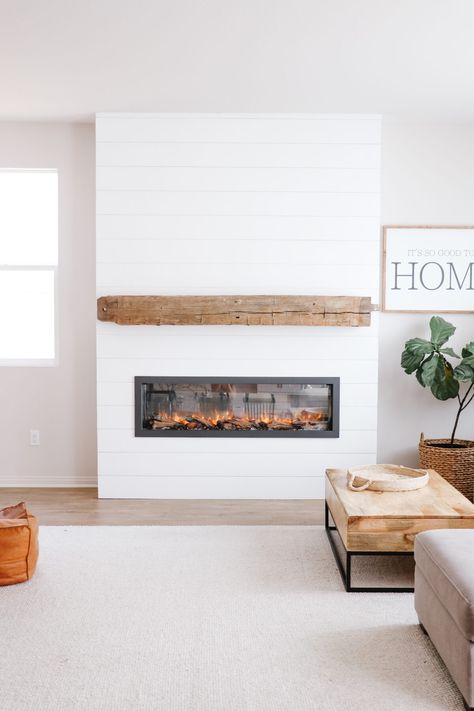 Shiplap Fireplace Diy With Tv, Fireplace Ideas With Electric Fireplace, Electric Fireplace Modern Farmhouse, Diy Floor To Ceiling Fireplace, Ahiplap Fireplace, Mantel Over Electric Fireplace, Electric Fireplace Builtins, Electric Fireplace Diy Surround, White Vertical Shiplap Fireplace