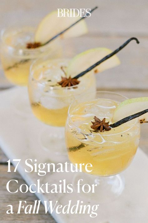 Signature Wedding Drinks Fall, Fall Signature Drinks, Fall Wedding Cocktails, Signature Wedding Drinks, Wedding Reception Food Stations, Fall Wedding Drinks, Wedding Food Stations, Signature Cocktails Wedding, Fall Cocktails Recipes