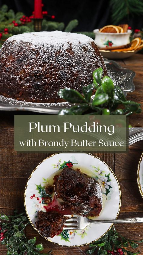 Prepare to be captivated by the fiery spectacle of this traditional flaming plum pudding topped with a brandy butter sauce. Full of candied fruit, brandy, rich flavours and aromatic spices, this festive fruit cake is the embodiment of Christmas. Perfect to serve after Christmas dinner or for a Victorian Christmas inspired feast. Brandy Butter Sauce, Advent Recipes, Figgy Pudding Recipe, Yule 2024, Plum Pudding Recipe, Steamed Puddings, Victorian Recipes, English Pudding, Elegant Recipes