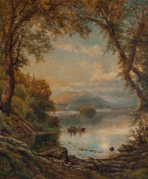 Artwork by Edmund Darch Lewis, Lake Landscape with Fishermen,, Made of Oil on canvas Land Scape Oil Paintings, Old Art Aesthetic, Autumn Brunette, Painted Landscapes, Old Artwork, Vintage Autumn, Historical Painting, Lake Landscape, Classic Paintings