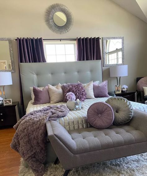 Gray Purple Bedding, Purple Gray And Black Bedroom, Plum Decor Bedroom, Grey And Purple Bedding, White Gray Purple Bedroom, White Grey And Purple Bedroom, Purple Black And Silver Bedroom Ideas, Lavender Bedrooms Master, Purple And Grey Room Ideas Bedrooms