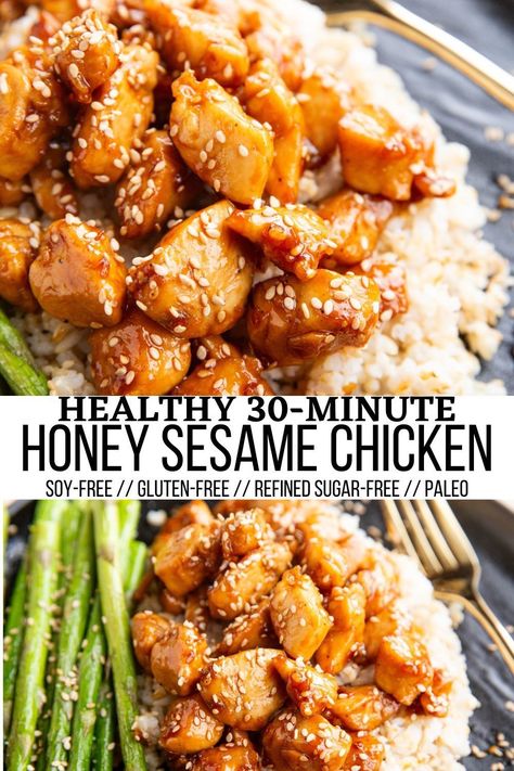 Healthy Sesame Chicken made with better-for-you ingredients for a health-conscious version of the classic takeout. Soy-free, refined sugar-free, and gluten-free, this simple recipe requires 30 minutes or less! Serve it up with rice and veggies for a complete meal. #healthy #chicken #paleo #glutenfree Sugar Free Recipes Dinner, Paleo Sesame Chicken, Gluten Free Sugar Free Recipes, Healthy Sesame Chicken, Easy Sesame Chicken, Gluten Free Meal Prep, Rice And Veggies, Gluten Free Chicken Recipes, Dairy Free Recipes Dinner