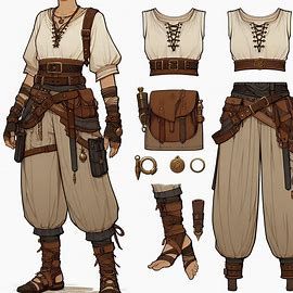 digital art style, casual warrior outfit design for a woman in dnd universe, loose pants, earthy colors, brass accessories, outfit design sheet - Image Creator from Microsoft Designer Medival Warrior Outfits, Earthy Fantasy Outfits, Medieval Woman Outfit, Fantasy Adventurer Outfit Drawing, Dnd Cosplay Ideas, Alchemist Outfit Design, Outfit Fantasy Design, Dnd Monk Outfit, Casual Medieval Outfits