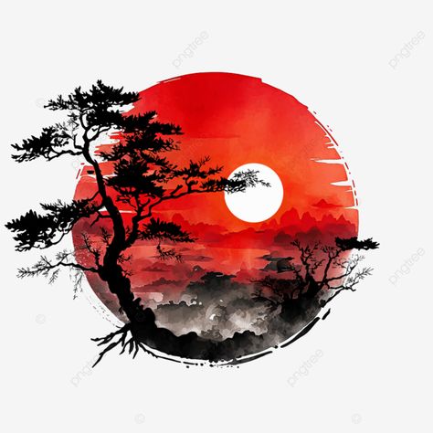 Japanese Sun Tattoo Design, Landscape Design Paintings, Sun Japanese Tattoo, Japanese Artwork Tattoo, Japanese Drawing Ideas, Ink Art Ideas, Japanese Red Moon Tattoo, Japanese Sun, Red Sun Tattoo Japanese