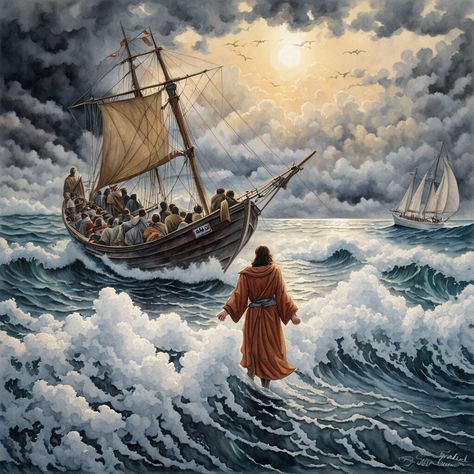 In the biblical story of Jesus walking on water, found in both Matthew 14:22-33 and Mark 6:45-52, Jesus sends his disciples ahead of him in a boat whi... -  #Biblical #Stories #Walking #water Jesus Walks On Water, Jesus Walking On Water, Walking Water, Biblical Stories, Christ Painting, Jesus Walking, Story Of Jesus, Walking On Water, Mark 6