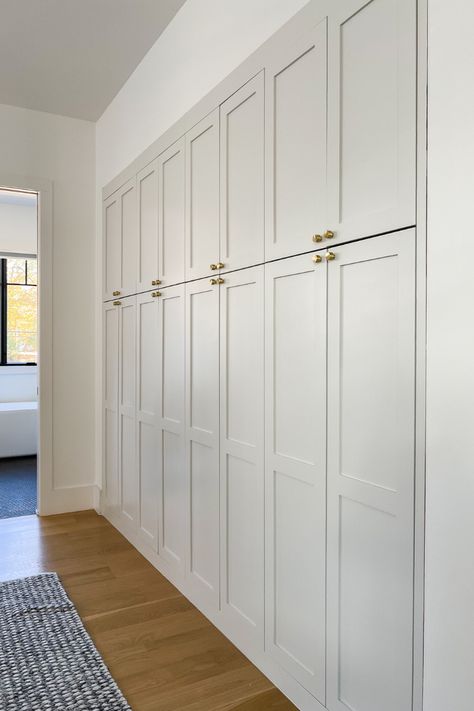 Built In Cabinets Ikea Hack, Ikea Cabinet Closet, How To Make Built In Wardrobes, Ikea Hack Built In Storage, Wall Storage Cabinets Built Ins, Full Wall Closet Ideas, Built In Narrow Cabinets, Pax Living Room Built Ins, Hallway With Closets