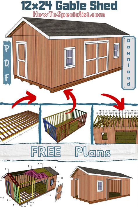 12x24 Shed Plans - Free DIY Plans | HowToSpecialist - How to Build, Step by Step DIY Plans Wood Shed Plans Step By Step, Storage Shed Plans 16x20, Garage Shed Plans, Free Shed Plans 12x16, She Shed Building Plans, She Shed Plans Diy, 12x24 Shed Plans, 10x20 Shed Plans, Simple Shed Plans