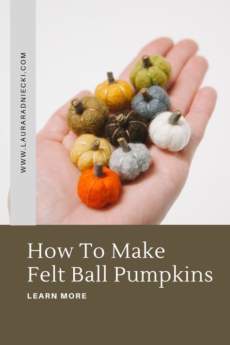 Learn how to make mini felt ball pumpkins for your DIY Fall decor this year. Easy to make, a great fall kids craft idea, and so cute! Mini Felt Pumpkins Diy, Wool Balls Crafts, Yarn Decorations Diy, Cute Halloween Fall Decor, Felted Acorns How To Make, Felt Fall Decorations, Felt Ball Decorations, Waldorf Wool Crafts, Mini Fabric Pumpkins Diy