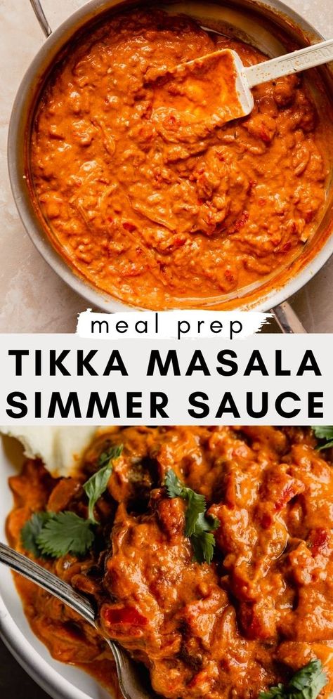 Creamy Tikka Masala Simmer Sauce. This sauce is great for meal prep—just add meat (or tofu), simmer and serve over rice! Creamy, flavorful and vegan. Store in the freezer and reheat whenever you need a quick no-stress dinner! Authentic Tikka Masala, Simmer Sauce Recipe, Tikki Masala, Vegan Tikka Masala, Tikka Masala Sauce, Indian Cheese, Serve Over Rice, Masala Sauce, Vegan Store