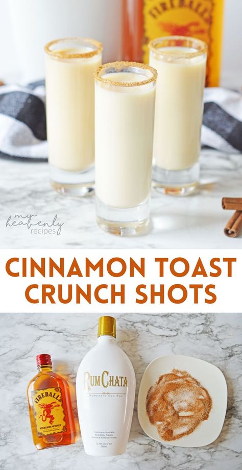 Cinnamon Toast Shots, French Toast Shots, Fun Bar Shots, Cinnamon Toast Crunch Shots Recipe, New Years Shots Ideas, Fireball Rumchata Shots, Cute Shots Alcohol, Shots With Fireball Whiskey, Friendsgiving Shot Ideas