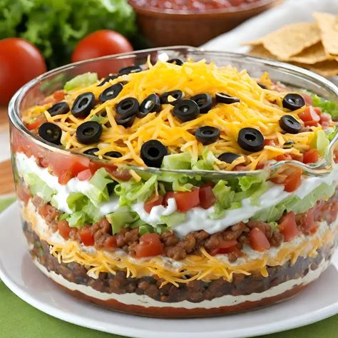 7 layer taco dip - Recipstep 7 Layer Taco Dip With Meat Ground Beef, Taco Dip With Meat, Taco Salad Dip, Seven Layer Taco Dip, Layer Taco Dip, 7 Layer Taco Dip, Layered Taco Salads, Easy Taco Salad Recipe, Seasoned Sour Cream