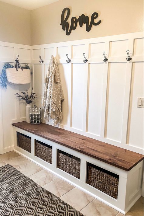 DIY Board and Batten with built in bench, entry way Back Mudroom Ideas, Mud Bench, Entry Makeover, Batten Diy, Hallway Organization, Mudroom Remodel, Mud Room Entry, Mudroom Decor, Entry Bench