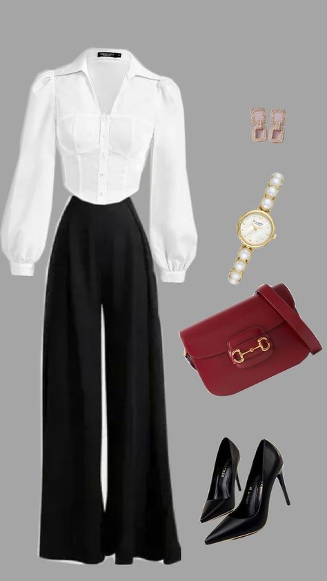 classic formal chic outfit ..white blouse . black pants . black heels ..gold watch .. red bag .. gold earrings Formal Chic Outfit, Black White And Red Outfits, Formal Chic, Heels Gold, Outfit White, Red Bag, Chic Outfit, Formal Outfit, White Outfits