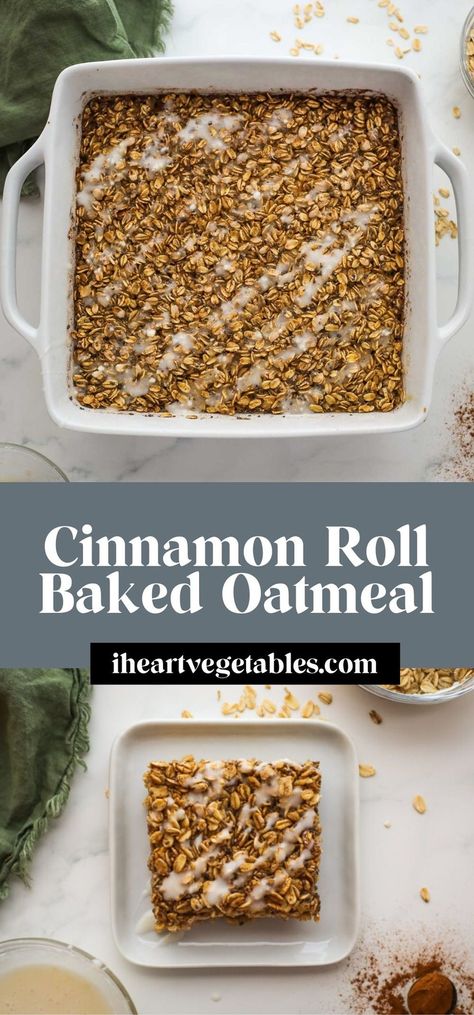 This healthy cinnamon roll baked oatmeal is a tasty twist on a classic breakfast favorite. This delicious breakfast combines the wholesome goodness of oats with irresistible sweet cinnamon flavor! Heart Healthy Baked Oatmeal, Rolled Oats Recipe Breakfast, Rolled Oats Breakfast, Cinnamon Roll Baked Oatmeal, Healthy Cinnamon Roll, Baked Oatmeal Recipes Healthy, Rolled Oats Recipe, Cinnamon Healthy, Oats Recipes Breakfast