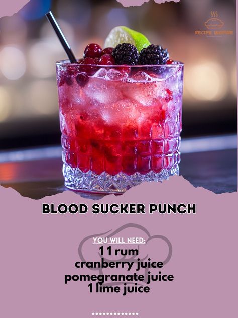 🧛‍♂️ Sink your teeth into the tantalizing "Blood Sucker Punch" cocktail - a wickedly delicious concoction perfect for Halloween festivities! 🍹 Blood Sucker Punch Ingredients: - 1 1/2 oz. rum - 1 oz. cranberry juice - 1 oz. pomegranate juice - 1/2 oz. lime juice - 1/2 oz. simple syrup - Fresh blackberries for garnish Instructions: 1. Fill a shaker with ice. 2. Add rum, cranberry juice, pomegranate juice, lime juice, and simple syrup. 3. Shake well and strain into a glass filled with ice. 4... Punch Cocktails, Sucker Punch, Halloween Festivities, Pomegranate Juice, Cranberry Juice, Slushies, Simple Syrup, Cocktail Drinks, Mocktails