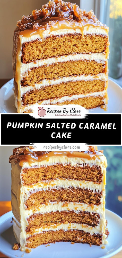 Indulge in this luscious Pumpkin Salted Caramel Cake, perfect for autumn gatherings. Moist pumpkin layers paired with rich, buttery caramel create a dessert that's irresistibly decadent.  Ingredients:  1 cup canned pumpkin puree 1/2 cup unsalted butter, softened 1/2 cup heavy cream 1/2 teaspoon sea salt This cake brings the warm flavors of fall with a luxurious salted caramel finish that will leave everyone asking for seconds. Pumpkin Caramel Layer Cake, Pumpkin Cake With Salted Caramel Frosting, Pumpkin Cake With Caramel Frosting, Salted Caramel Pumpkin Cake, Caramel Pumpkin Cake, Pumpkin Latte Cake, Autumn Cakes Decorating, Pumpkin Caramel Cake, Salted Caramel Cake Filling