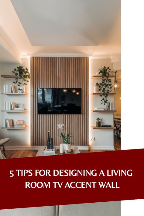 5 tips for designing a living room TV accent wall with shelves and plants. Wood Panel Accent Wall With Tv, White Wood Walls Living Room, Accent Wall For Living Room Tv, Living Room Build Out, Chimney Wall Panelling, Wood Panels Tv Wall, Fluted Wall Panel Living Rooms Ideas, Paneling Around Tv, Wood Panel Wall Tv