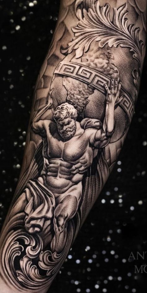 Blackwork Greek Tattoo, Greek Gods Tattoos For Men, Zeus Realism Tattoo, Small Torso Tattoo Men, Egyptian Tattoo Forearm, Hercules Tattoo Mythology, Helios Tattoo, Atlas Tattoos, Leonidas Tattoo