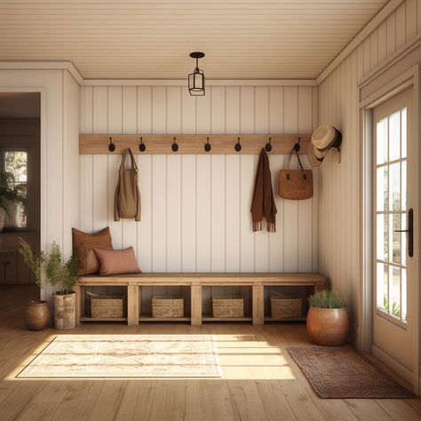 Step into the 'Country Glow', where the often-overlooked farmhouse mud room takes center stage, shining with grace and splendor. More than just a practical space, it radiates with a special luminosity reminiscent of sun-dappled meadows and morning mist over farmlands. With its thoughtful design, rustic touches, and the perfect play of light, the 'Country Glow' mud room isn’t just a place to leave behind the day's wear—it's a radiant invitation into the comforting embrace of home. Mud Room With Window Ideas, Rustic Country Interior, Farm Style Laundry Room, Large Breezeway Ideas Enclosed, Rustic Entrance Hall, Rustic Modern Mudroom, Mediterranean Mud Room, Mud Room Entry Farmhouse, Modern Farmhouse On A Budget