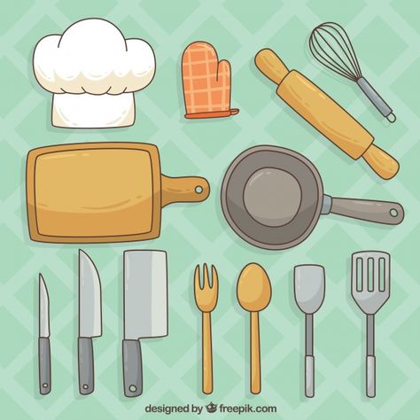 Draw Kitchen Tools, Kitchen Tools Drawing, Kitchen Items Illustration, Cartoon Kitchen Tools, Cooking Tools Illustration, Commercial Cooking Equipment, Recipe Book Covers, Paper Doll Printable Templates, Scrapbook Letters