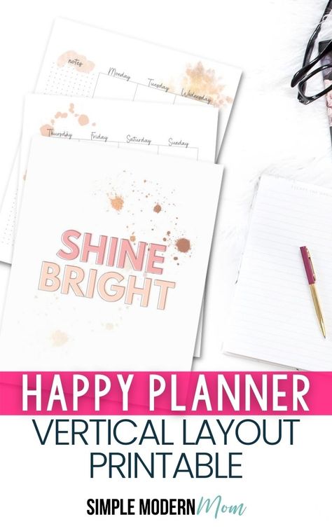 Happy Planner Vertical Layout Printables on a desk with a pen Free Happy Planner Printables, Happy Planner Vertical Layout, Beautiful Vision Boards, Happy Planner Free Printable, Vertical Layout Planner, Planner Themes, Happy Planner Printables, Happy Planner Layout, Planner Vertical