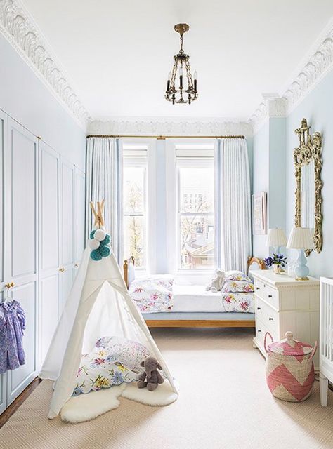 Farrow and Ball’s Borrowed Light Cece Barfield Thompson Cece Barfield, Borrowed Light, Shared Girls Bedroom, Manhattan Apartment, Children's Bedroom, Big Girl Rooms, Baby's Room, Blue Bedroom, Kids Room Design