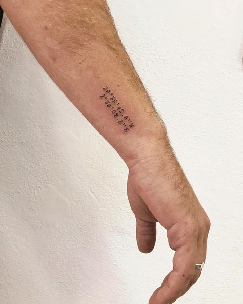 Coordinate Arm Tattoo, Men Coordinates Tattoo, Forearm Coordinate Tattoo, Men’s Tattoo Locations, Mens Fashion Tattoos, Birth Coordinates Tattoo, Coordinates Tattoo Forearm, Coordinates Tattoo Men Forearm, Tattoo Idea Men Arm