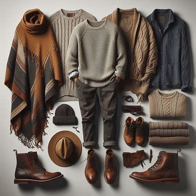 a relaxed, rugged, and dignified autumn wardrobe for men including ponchos, relaxed shirts, slim pants, textured knits, boots, and sandals - Image Creator from Microsoft Designer Rugged Casual Mens Style, Autumn Clothes Men, Autumn Male Outfit, Rugged Outfit Men, Rustic Outfit For Men, Nature Outfits Men, Cottagecore Aesthetic Men, Cozy Outfits Men, Mens Autumn Outfits