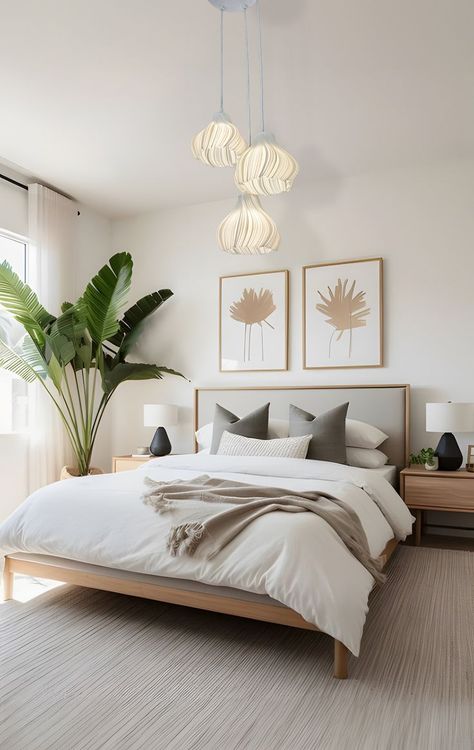 Lighting Fixtures1 Modern bedroom with cozy bedding, elegant pendant lights, large houseplant, and minimalist wall art for a serene atmosphere. | Sky Rye Design Summer Bedroom, Bed Rug, Luxury Bedroom Design, Cama King, Bedroom Decor Cozy, Bedding Brands, Bedroom Refresh, King Bed, Master Bedrooms Decor