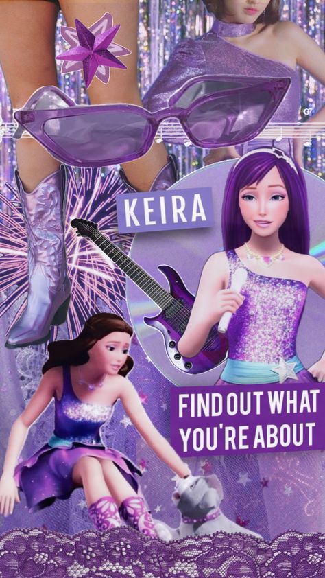 Keira (and Tori as Keira) from Barbie: Princess and the Popstar [#barbiemovies #purple] Barbie Princess And The Popstar, Barbie Pop Star, Princess And The Popstar, Barbie Movie 2023, Barbie Film, The Barbie Movie, Princess Charm School, Movie 2023, Mermaid Tale