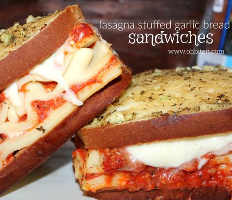 ~Lasagna Stuffed Garlic Bread Sandwiches! | Oh Bite It Lasagna Sandwich, Garlic Bread Lasagna, Cobblestone Bread, Bread Lasagna, Stuffed Garlic Bread, Bread Sandwich, Traditional Lasagna, Garlic Bread Recipe, Texas Toast