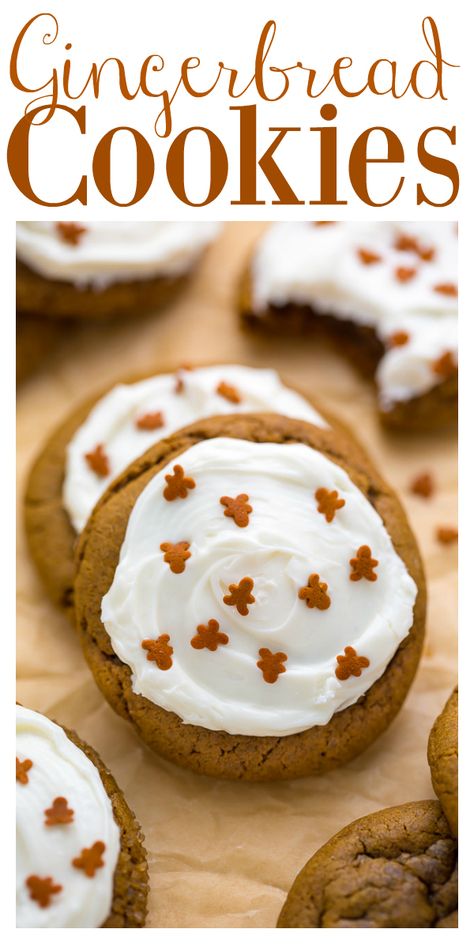 Frosted Gingerbread Cookies - Baker by Nature Gingerbread Cookies With Cream Cheese, Icing For Gingerbread Cookies, Easy Gingerbread Cookie Recipe, Cookie Frosting Recipe, Frosted Gingerbread, Cookies With Cream Cheese Frosting, Easy Gingerbread Cookies, Soft Ginger Cookies, Cookies With Cream Cheese