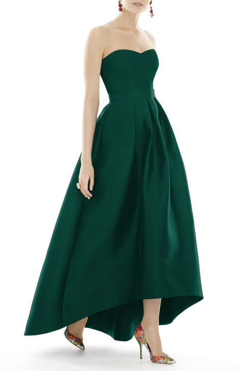 Alfred Sung Strapless High/Low Satin Twill Ballgown (Regular & Plus Size) | Nordstrom Alfred Sung Bridesmaid Dresses, High Low Ball Gown, Green Bridesmaid Dress, High Low Gown, Alfred Sung, Ball Skirt, Bridesmaid Dress Styles, Green Bridesmaid, Ball Gown Skirt